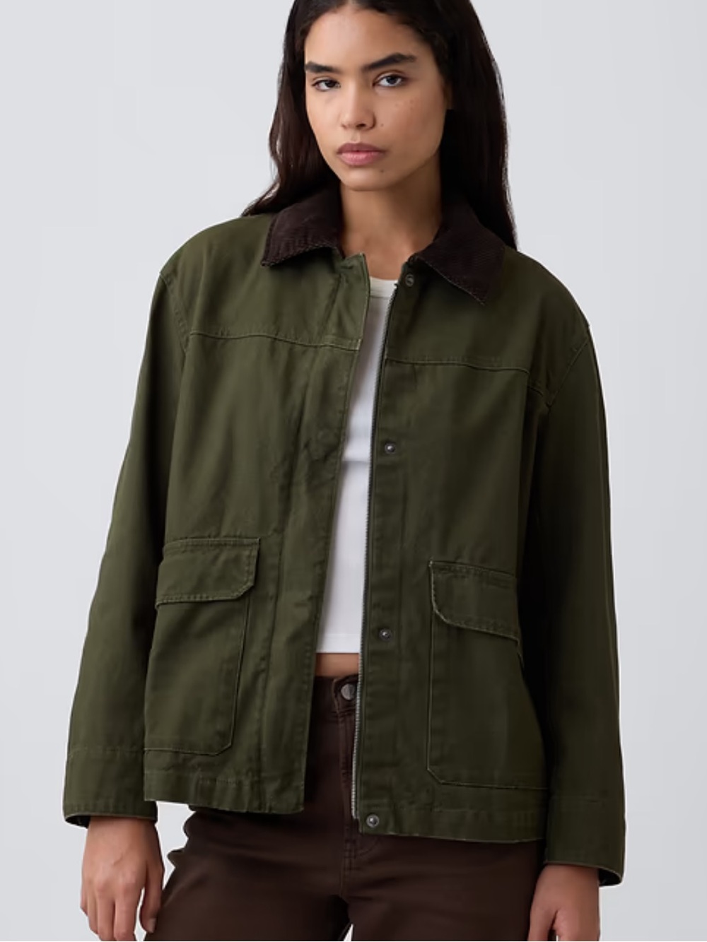 GAP Relaxed Canvas Barn Jacket Dark Olive Utility M Oversized Fall Winter warm